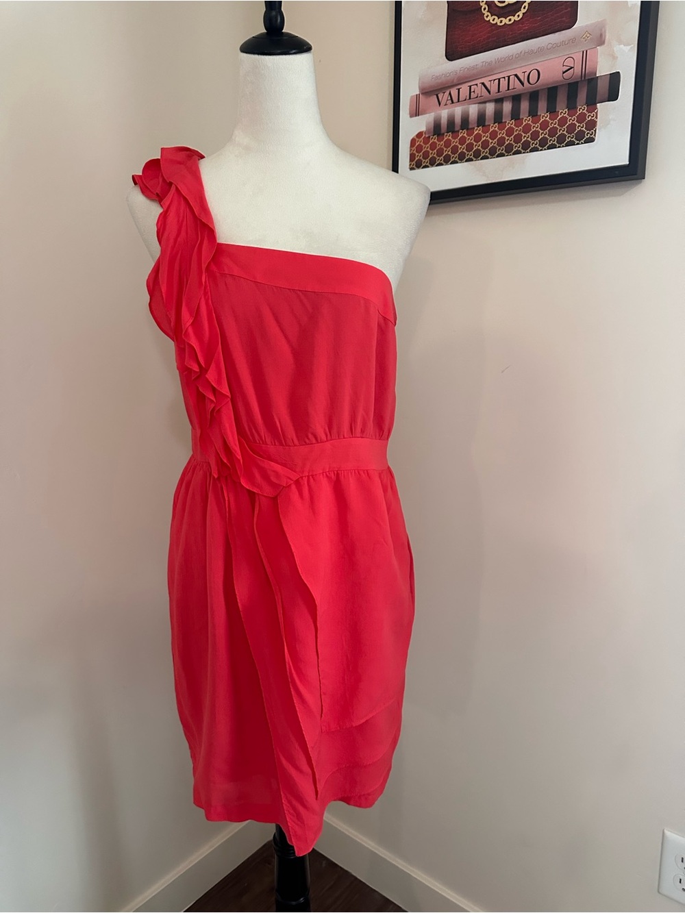 BCBGeneration One-Shoulder Ruffle Dress in Coral